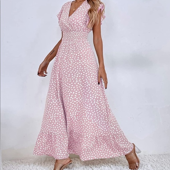 Allover Print Shirred Ruffle A Line Maxi Dress Cap Sleeve Wrap V Neck Dress EUC - Picture 3 of 5